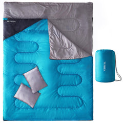 tuphen front view of double sleeping bag showing full-length zipper and roomy design for couples