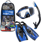 TUSA Visio Tri-Ex front packaging showing complete travel snorkel set and benefits