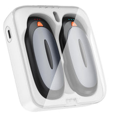 Tydse front view of black hand warmer set showing compact charging case and units for portable warmth