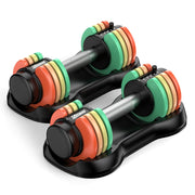 Uboway adjustable dumbbells front view showing compact pair and colorful plates for versatile workouts