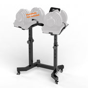 Uboway front view showing stand holding adjustable dumbbells for organized storage
