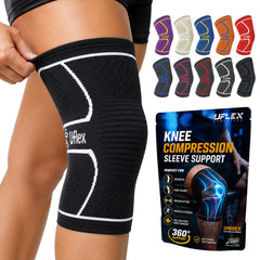 UFlex Athletics front view knee sleeve showing sleek black white design and supportive fit