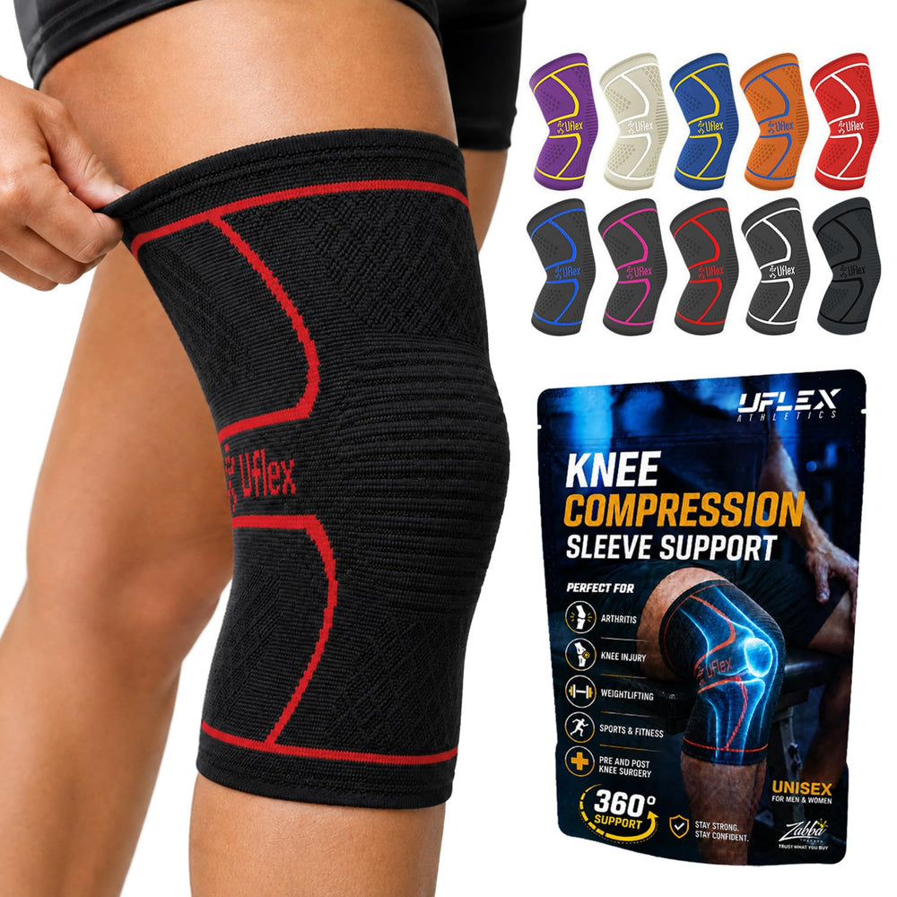 UFlex Athletics front view of red knee sleeve showing secure coverage and comfort
