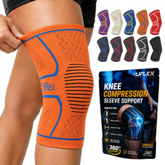 UFlex Athletics knee sleeve front view showing snug support and mobility