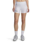 Under Armour front view of white slider shorts showing fit and compression benefits