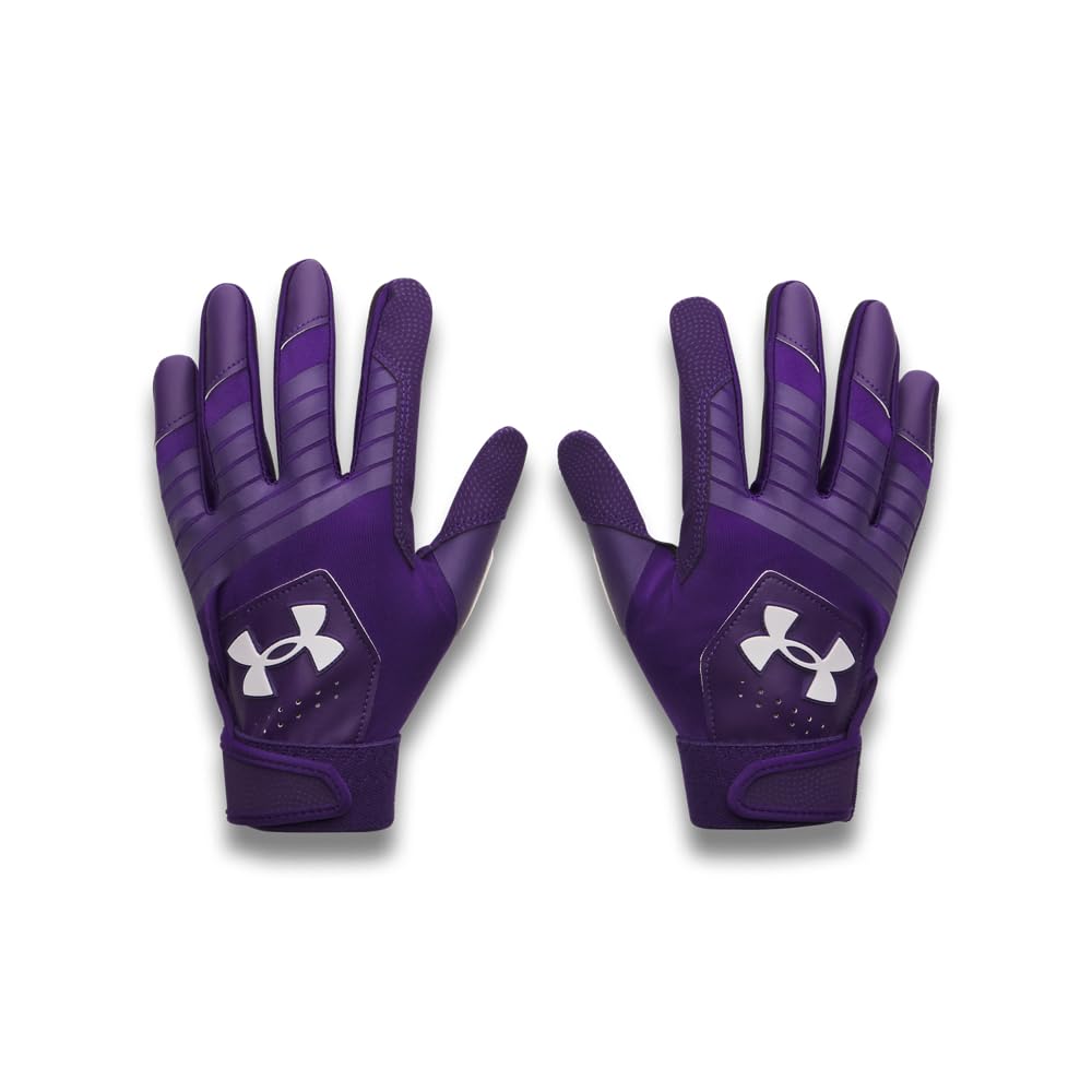 Under Armour front view of purple youth gloves, showing fit and wrist cuff support