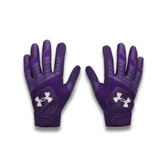 Under Armour front view of purple youth gloves, showing fit and wrist cuff support