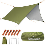 Unigear hexagon tarp front view showing full coverage and waterproof shelter benefit