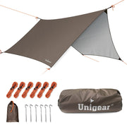 Unigear tarp front view showing hexagon shape and full coverage benefit