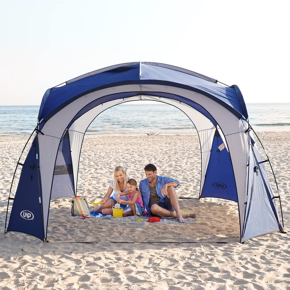 UNP front view of blue canopy showing roomy shade and easy shelter