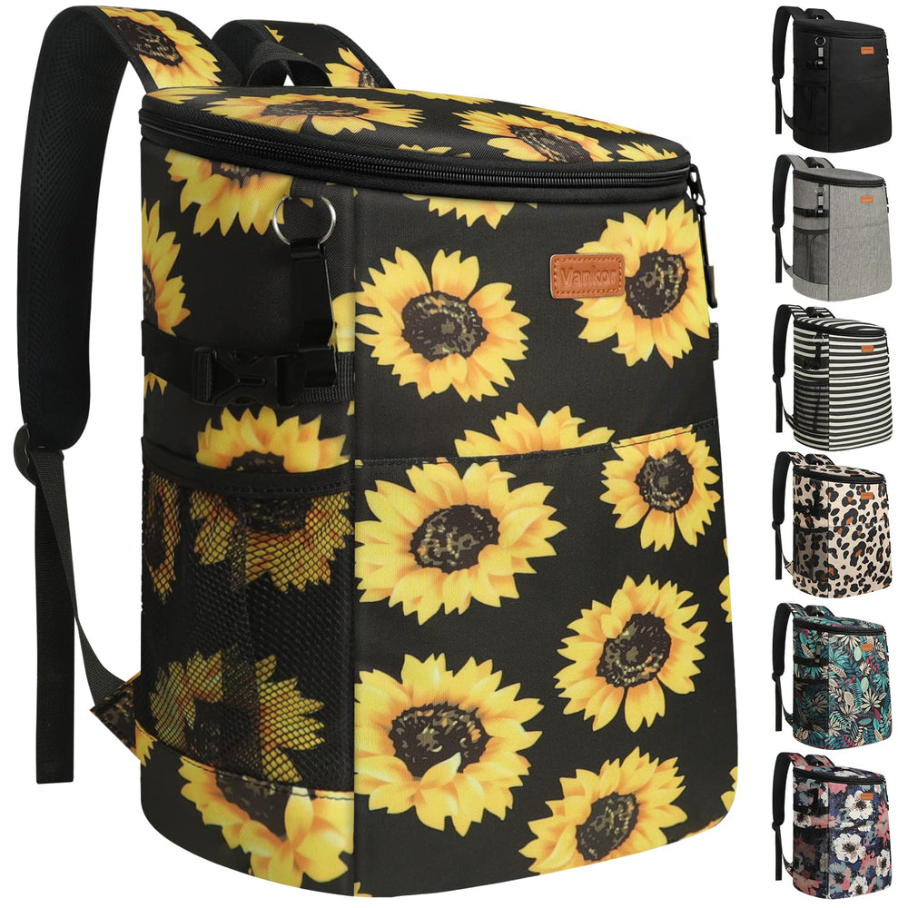 Vankor front view of sunflower floral cooler backpack showing design and storage benefit