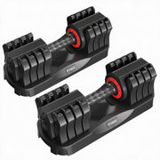 VEICK dumbbells front view showing compact pair and stands for space saving