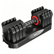 VEICK adjustable dumbbell front view showing compact design and space savings