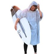 Venice Surf Club front view of silver gray poncho showing roomy fit and coverage