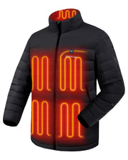 Venustas front view of heated puffer jacket showing slim profile and zipper benefit warmth retention