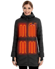 Venustas front view of long heated jacket showing sleek silhouette and warmth
