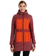 Venustas front view of long heated jacket showing coverage and style benefit warmth
