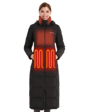 Venustas front view of maxi heated coat showing full-length coverage and warmth