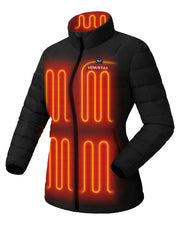 Venustas front view of heated down jacket showing slim fit and warmth benefit