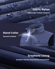 Venustas heated vest worn under a winter coat, stays slim and adds warmth without bulk