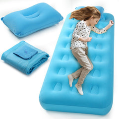 Vercraft sky blue front view shows full child-sized mattress for easy sleep setup