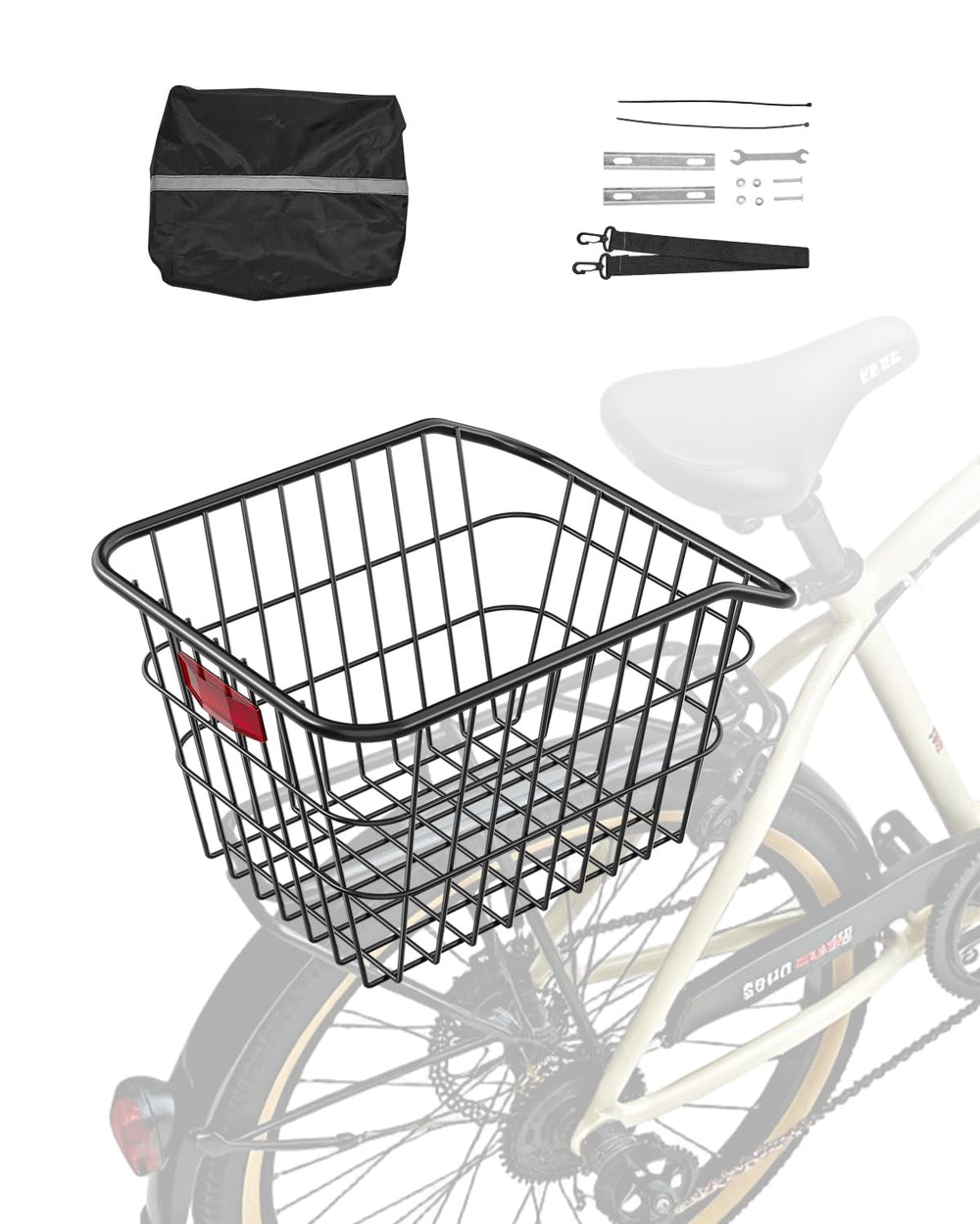 VEVOR front view of rear bike basket showing secure cargo space and convenience
