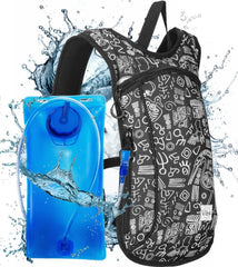 Vibe Festival Gear front view showing compact hydration pack and stylish black and white design, wearable comfort