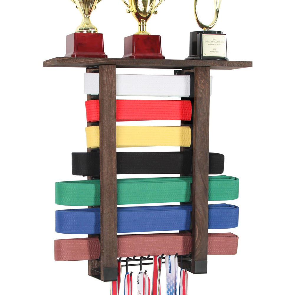 VIEWAY front view of wooden belt display showing organized belts and tidy presentation