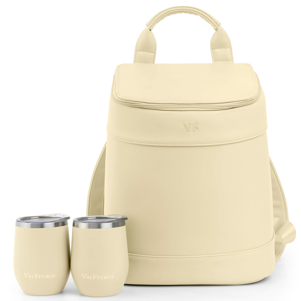 VIN FRESCO front view showing stylish beige cooler backpack and organized pockets benefit portability