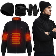 Vinsatin front view heated jacket showing controls and warmth distribution benefit