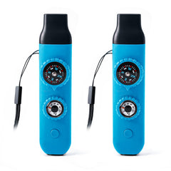 Viriber front view of two whistles showing compact design and bright color for visibility