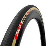 Vittoria Corsa Pro sidewall label showing tan finish and size, improves wheel compatibility
