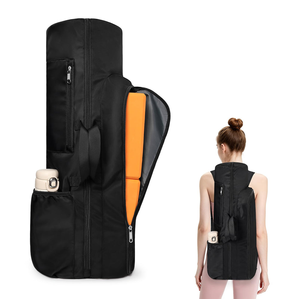 Voolra front view showing full-zip backpack and quick mat access benefit