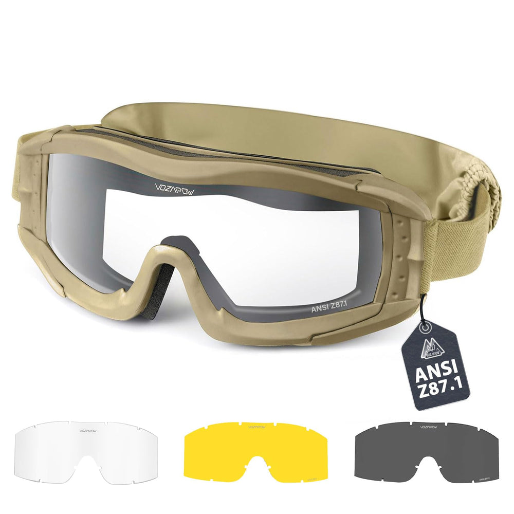VOZAPOW front view of goggles showing protective coverage and secure fit