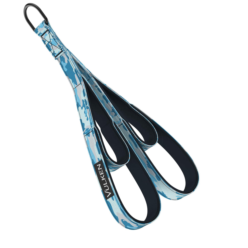 Vulken tricep rope front view in blue camo showing dual-length design and durable finish