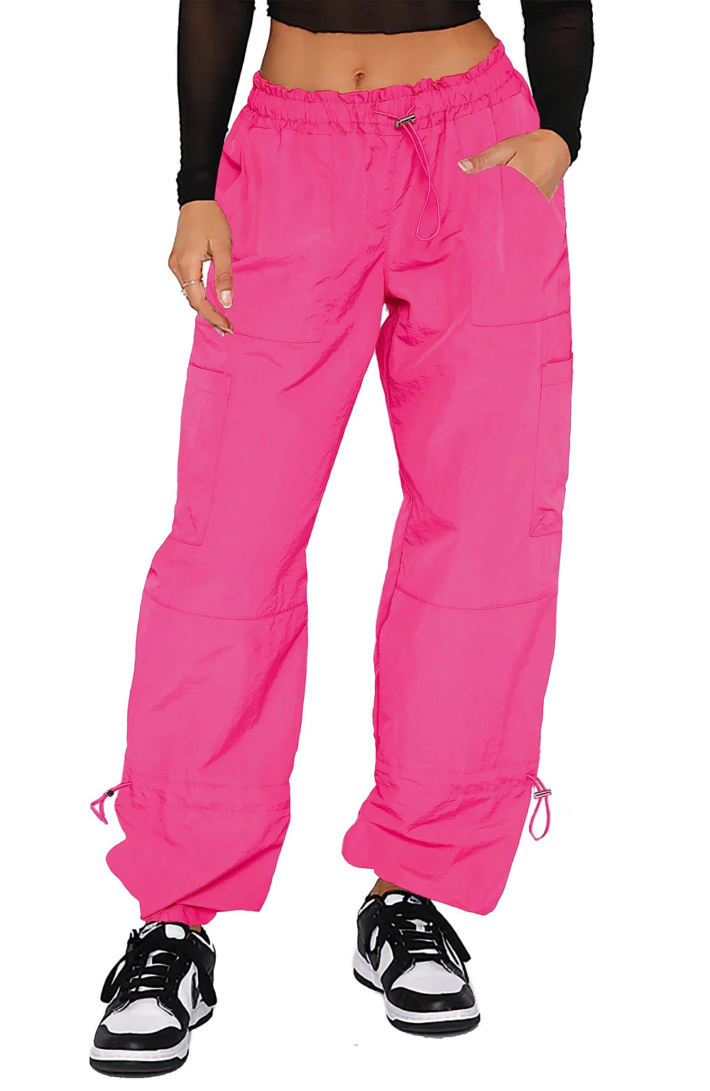 Waitfairy front view of berry parachute cargo pants showing shape and style
