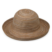 Wallaroo Hat Company front view showing camel hat and wide brim for sun protection