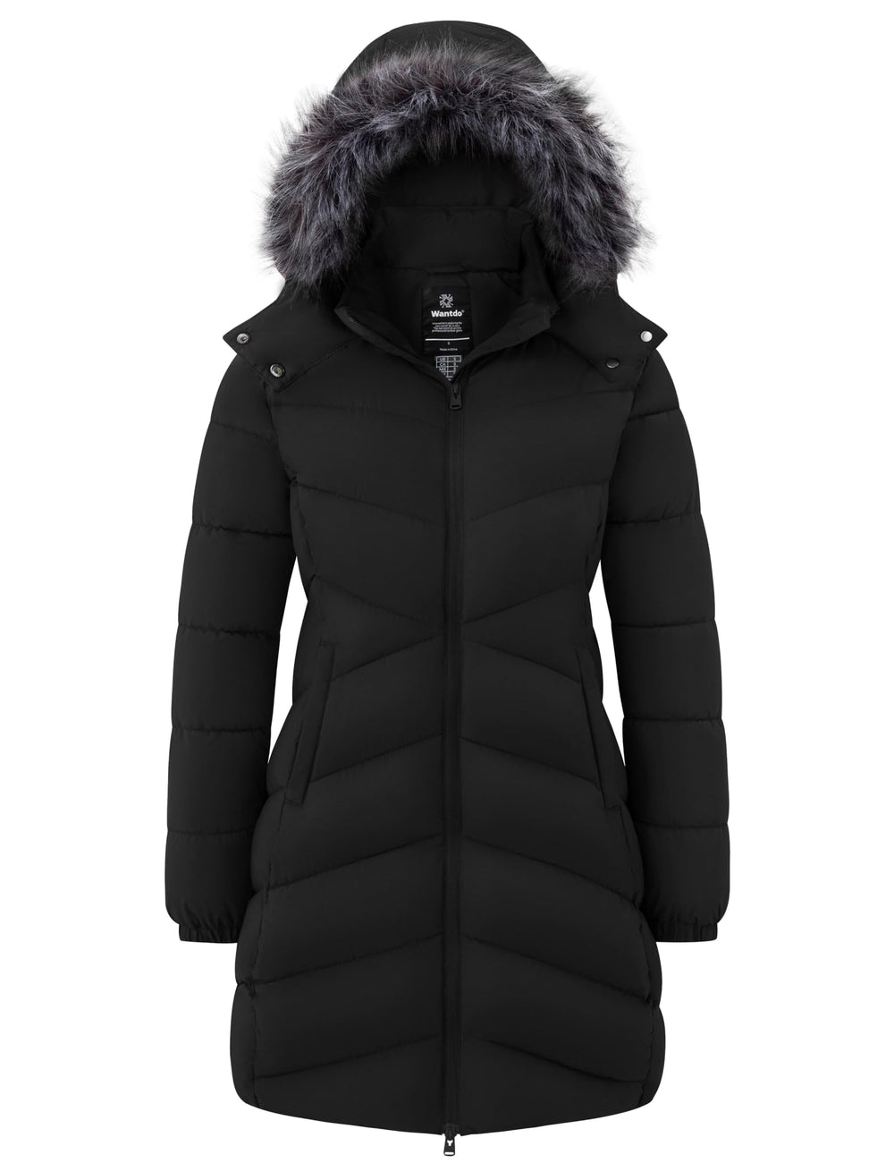 wantdo front view of black puffer jacket showing clean silhouette and versatile style
