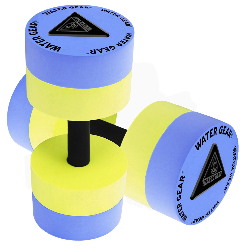 Water Gear front view of blue and yellow resistance bells showing shape and color benefits