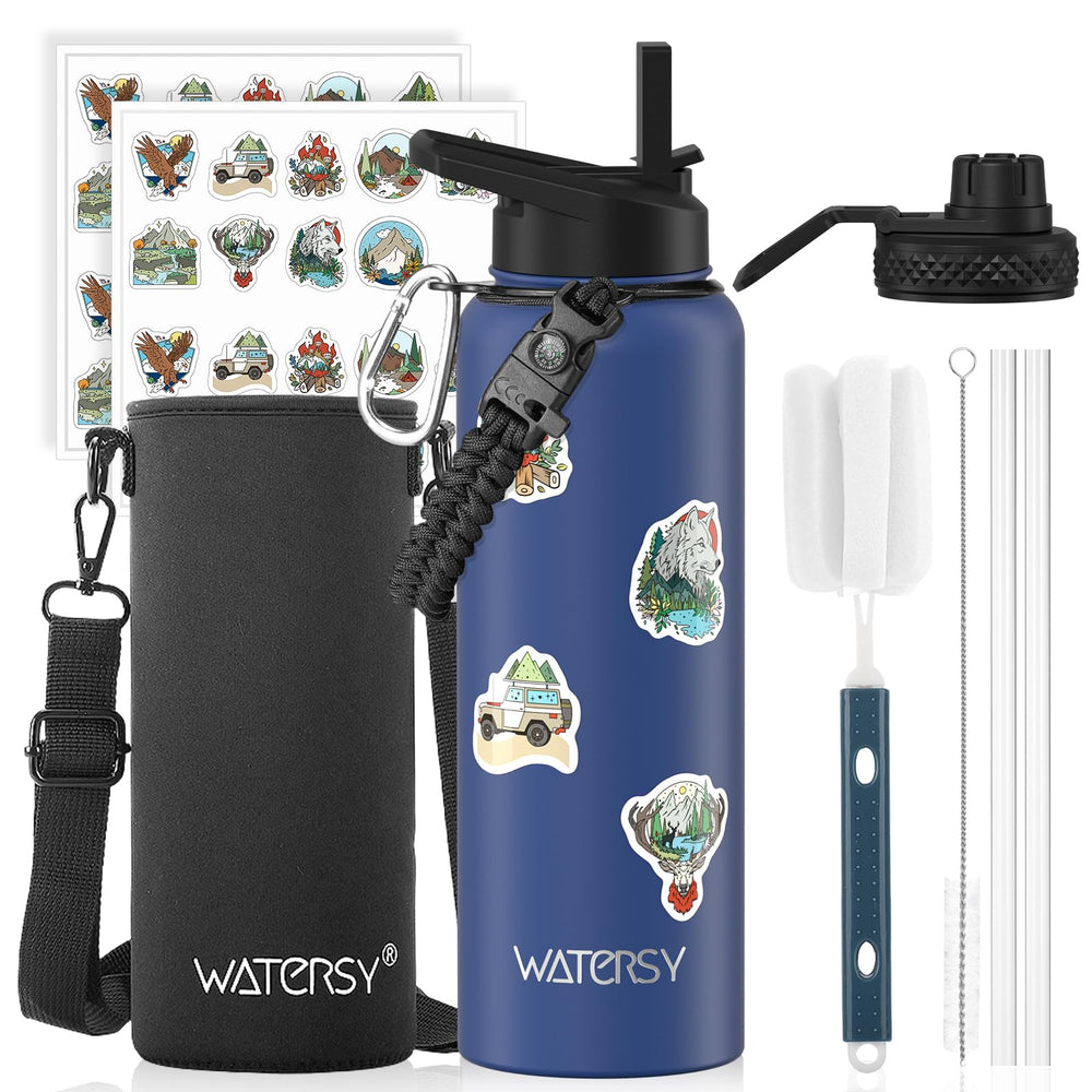 WATERSY deep blue bottle front view showing capacity and finish benefit