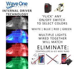 Wave One Marine mounted on boat deck gunnel, demonstrates weatherproof accent lighting