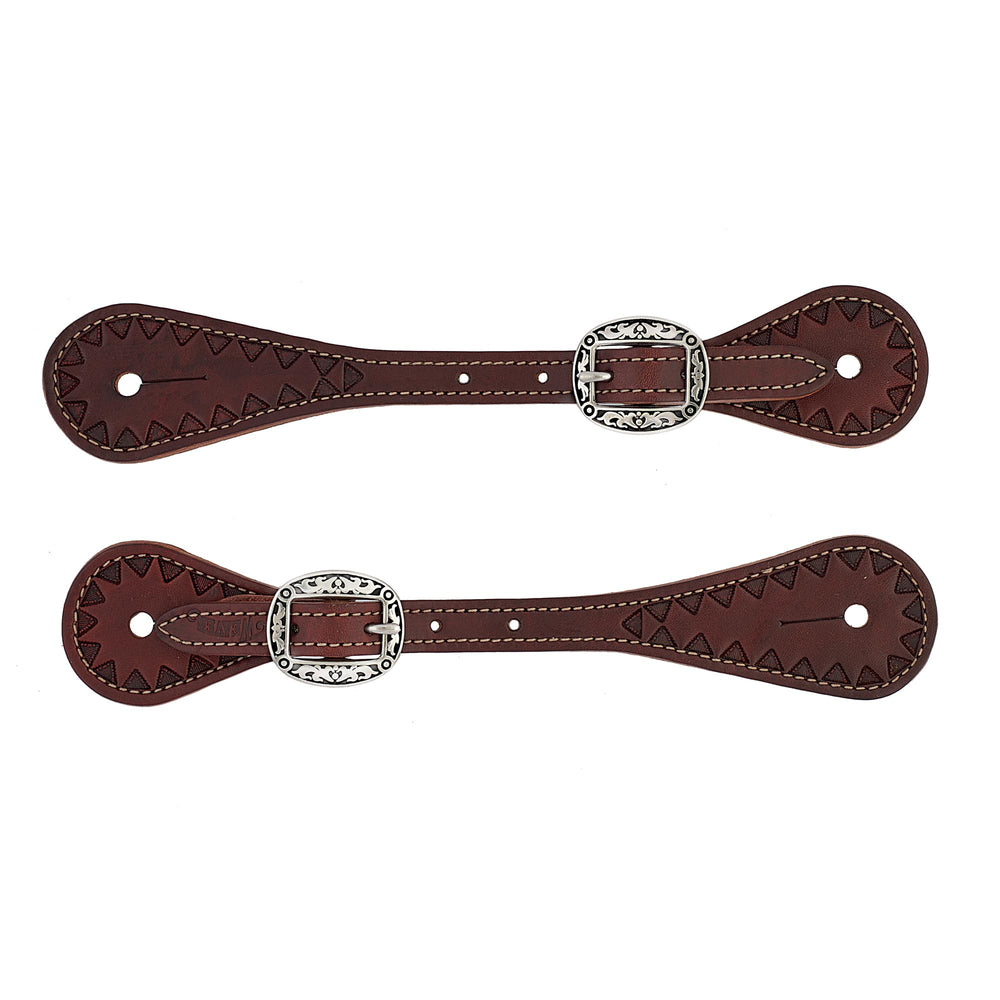 Weaver Equine front view chestnut spur straps showing fit and finish