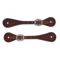 Weaver Equine front view chestnut spur straps showing fit and finish