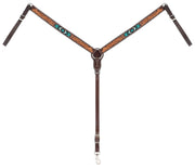 Weaver Equine front view of breast collar showing carved floral and beadwork, stylish protection
