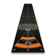 Wellputt front view of 13ft black putting mat showing layout and target benefit