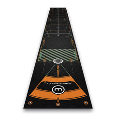 Wellputt front view of 13ft black putting mat showing layout and target benefit