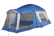 Wenzel tent front exterior showing blue fly and sheltered entry benefit: weather protection