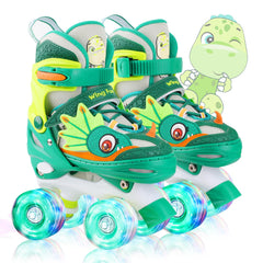 WESKIFAN front view of dinosaur skates showing colorful design and sturdy toe for playful appeal