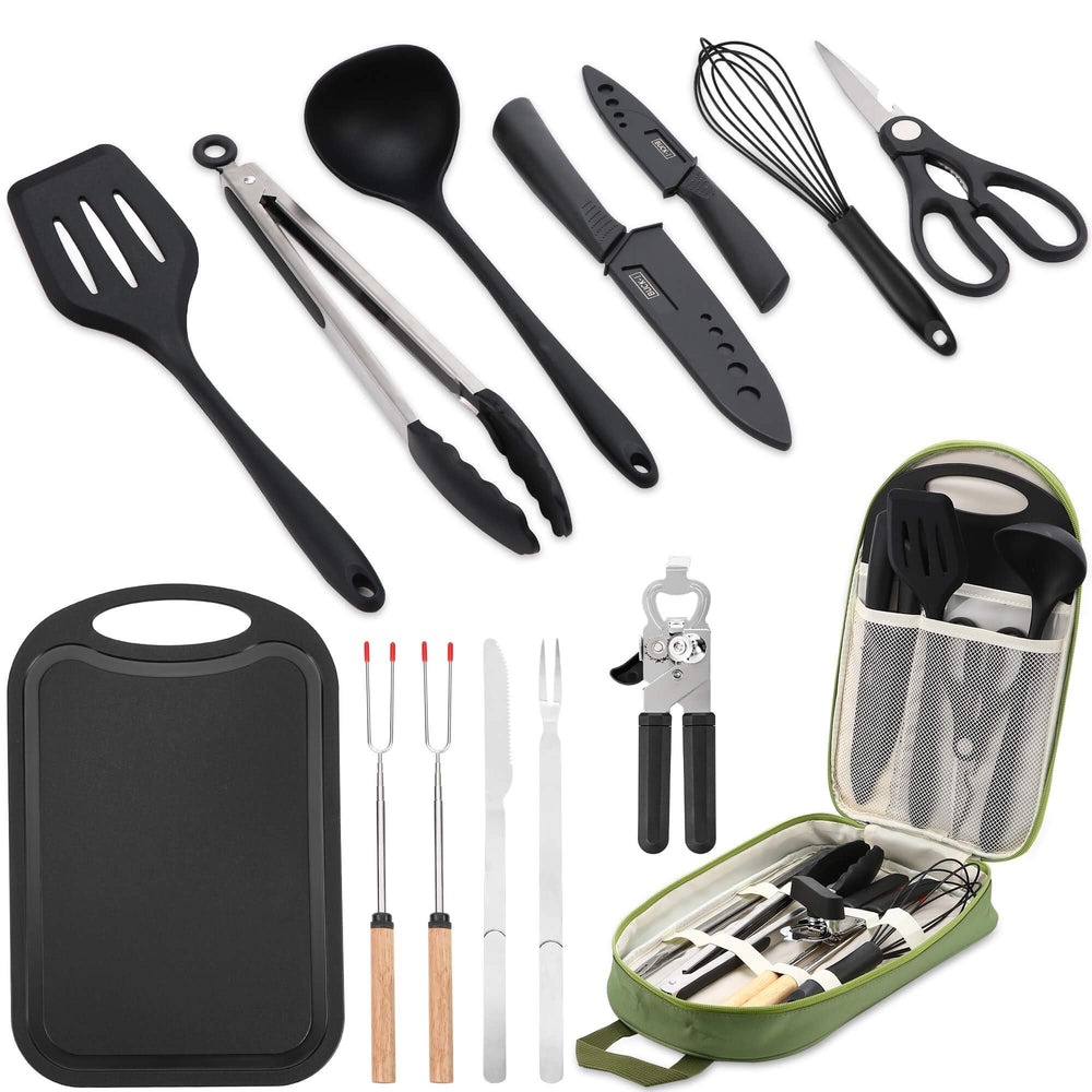 Wesqunie front view of packaged 14-piece camping set showing compact carry benefit