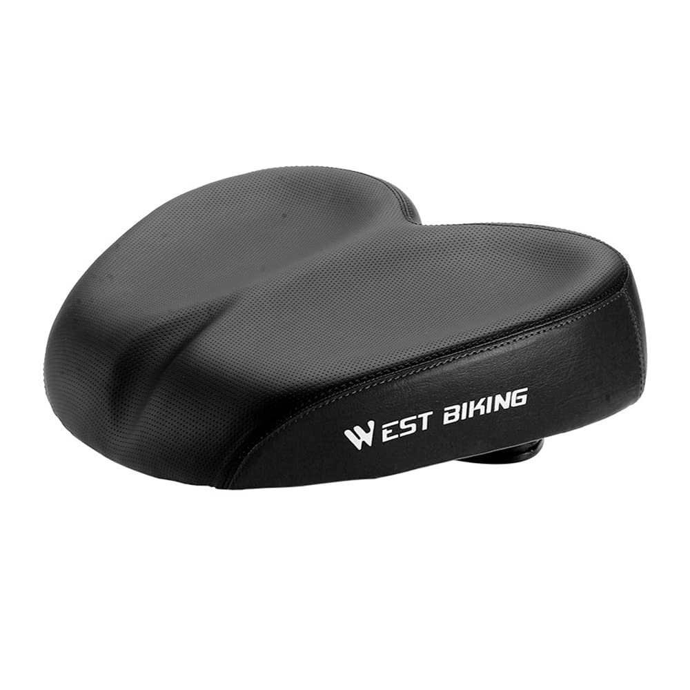 West Biking front view of oversized noseless saddle showing wide cushion and comfort